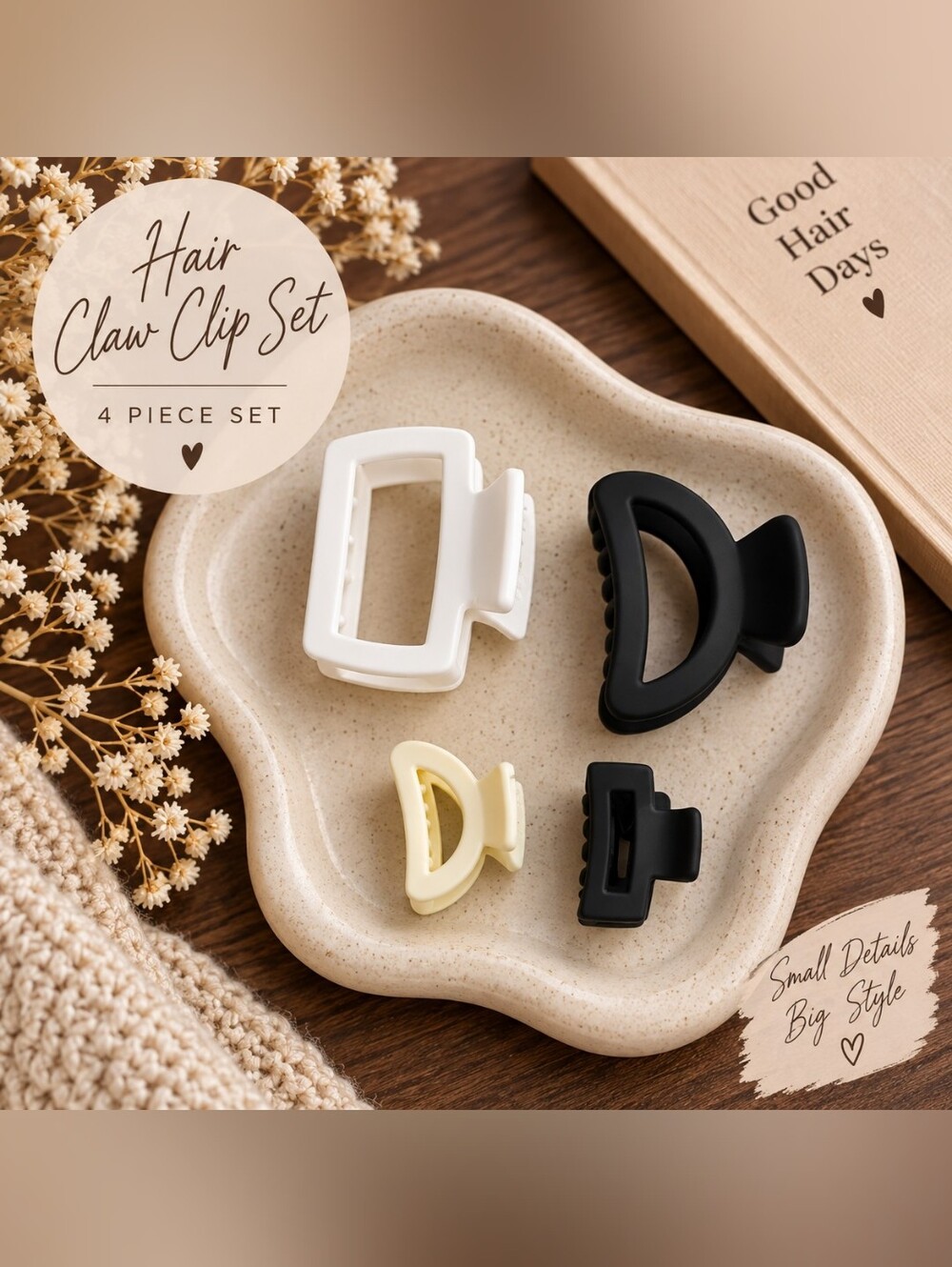 4-Piece Neutral Matte Clean Girl Hair Claw Clip Set New